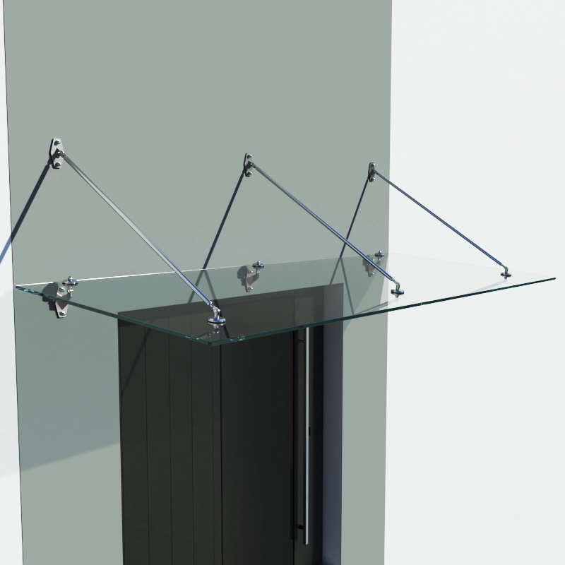 Im Lieferumfang enthalten: Je 3 Wandkonsole unten, und 3 Wandkonsole oben / 3 Stück Zugstangen komplett mit Gabel und Öse, L = 1385mm von Mitte bis Mitte Bohrung / 6 Stück Standardpunkthalter ø70mm mit Gabel, für Glasstärke 13,52mm / Mat. V4A / Lieferung ohne Glas